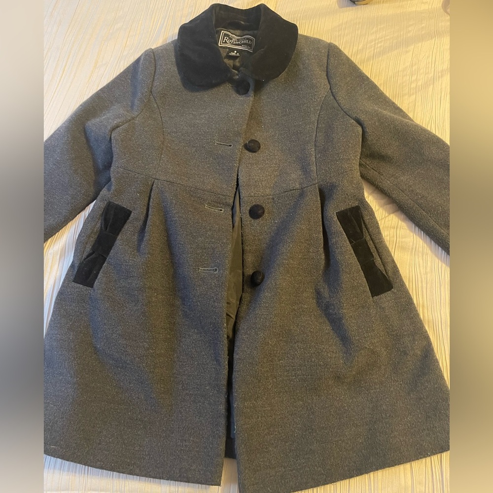 Rothschild grey with velvet‎ girls coat peacoat bow trim size 6